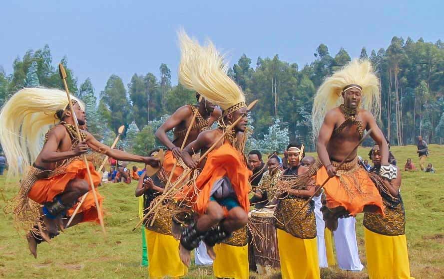 Intore dancers performing Rwanda's traditional warrior dance